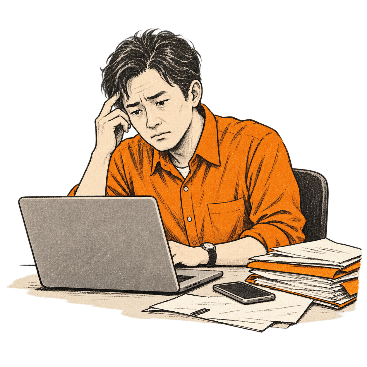 サイトの管理がわからずパソコンの前で頭を抱える担当者